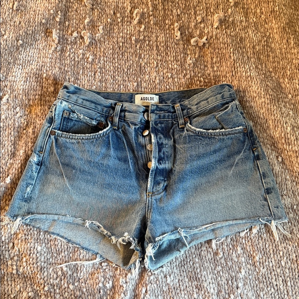 Agolde Blue Frayed Hem Denim Shorts